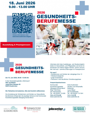 Im oberen Bereich des Bildes ist der QR Code zur Gesundheitsberufemesse, daneben die Überschrift und verschiedene Abbildungen von Gesundheitsberufen. Im Unteren Bereich befindet sich der Einladungstext